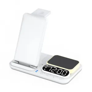 FoldCharge Clock 5 Pro Skladacia 5v1 bezdrôtová nabíjacia stanica s hodinami a nočným svetlom, biela