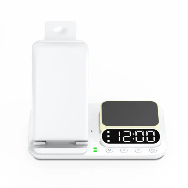 FoldCharge Clock 5 Pro Skladacia 5v1 bezdrôtová nabíjacia stanica s hodinami a nočným svetlom, biela