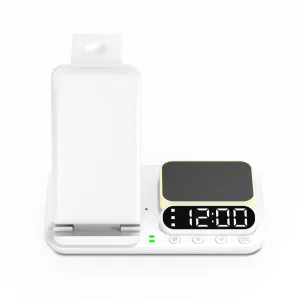 FoldCharge Clock 5 Pro Skladacia 5v1 bezdrôtová nabíjacia stanica s hodinami a nočným svetlom, biela