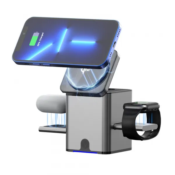 MagCube Pro Qi2 Inteligentná skladacia 3v1 bezdrôtová nabíjačka s MagSafe s 15W nabíjaním, sivá