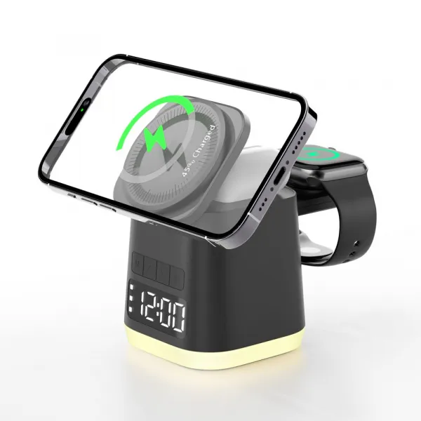 MagDock 6 Pro 6v1 bezdrôtová nabíjacia stanica s hodinami a nočným svetlom pre iOS a Android, čierna