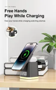MagDock 6 Pro 6v1 bezdrôtová nabíjacia stanica s hodinami a nočným svetlom pre iOS a Android, čierna