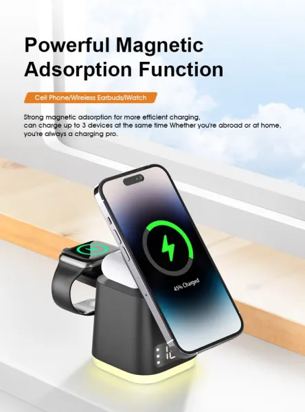 MagDock 6 Pro 6v1 bezdrôtová nabíjacia stanica s hodinami a nočným svetlom pre iOS a Android, čierna