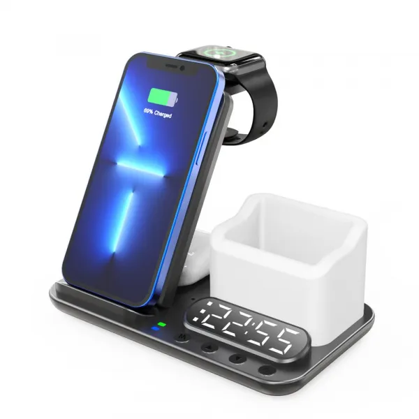 DeskCharge Station Pro Multifunkčná 5v1 bezdrôtová nabíjacia stanica s hodinami a organizérom, čierna