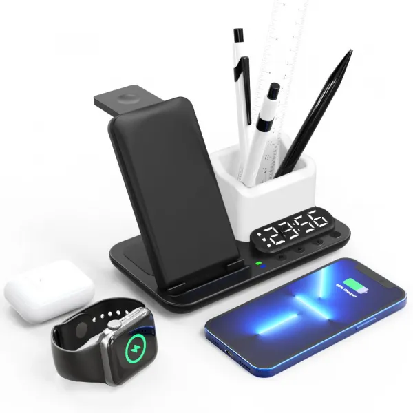 DeskCharge Station Pro Multifunkčná 5v1 bezdrôtová nabíjacia stanica s hodinami a organizérom, čierna