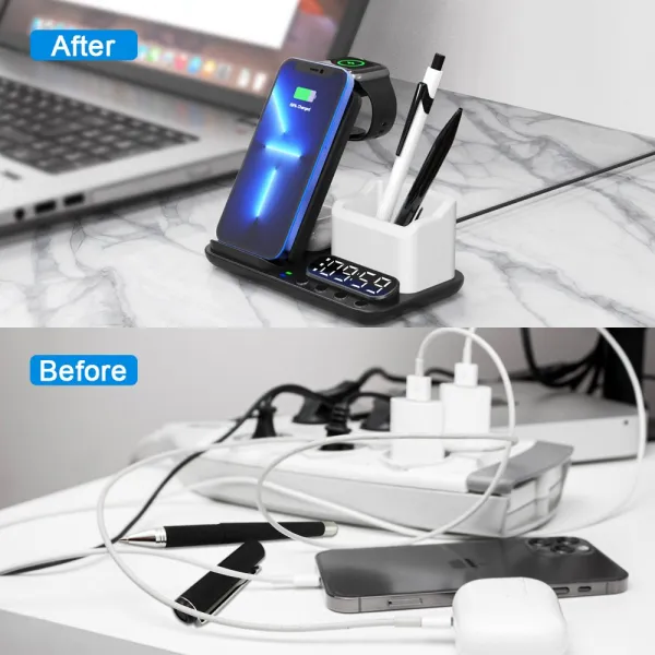 DeskCharge Station Pro Multifunkčná 5v1 bezdrôtová nabíjacia stanica s hodinami a organizérom, čierna
