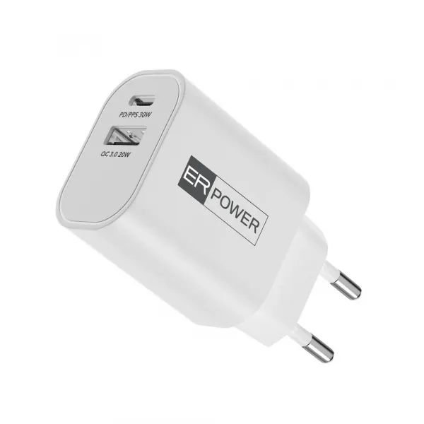 ER POWER Duálna GaN nabíjačka USB-C + USB-A, 30W, biela