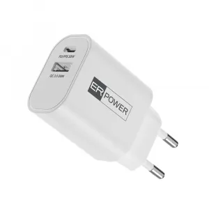 ER POWER Duálna GaN nabíjačka USB-C + USB-A, 30W, biela
