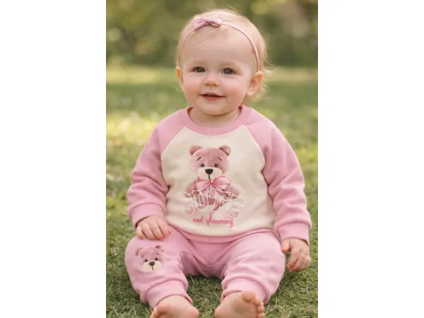 Fashionkids Bábätkovský teplákový komplet s medvedíkom – ružový Farba: Ružová, Veľkosť: 80