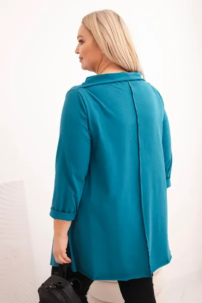 Kesi Dámska bavlnená blúzka Plus Size asymetrická s rolovaným rukávom morská