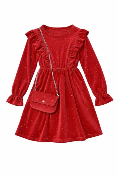 Fashionkids Dievčenské velúrové šaty s volánmi – červené, veľkosť 158 (13–14 rokov) Farba: Červená, Veľkosť: 13/14