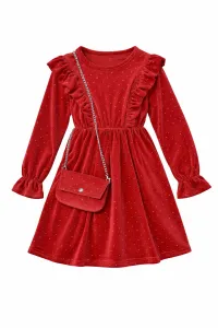 Fashionkids Dievčenské velúrové šaty s volánmi – červené, veľkosť 158 (13–14 rokov) Farba: Červená, Veľkosť: 13/14