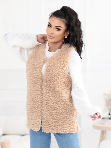 Factory Dámska teddy vesta baránok – béžová / čierna Farba: Čierna, Veľkosť: M