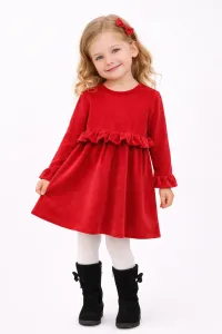 Fashionkids Dievčenské velúrové šaty s volánom – červené, veľkosť 104 Farba: Červená, Veľkosť: 104