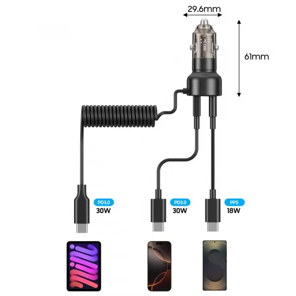 Tech-Protect CC05 autonabíjačka USB / USB-C 60W PD + kábel USB-C, čierna