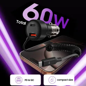 Tech-Protect CC05 autonabíjačka USB / USB-C 60W PD + kábel USB-C, čierna