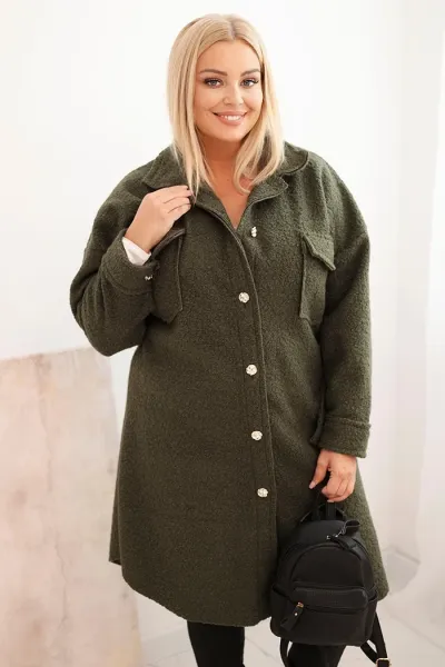 Legínovo Dámsky kabát Plus Size s vlnou zapínaný na gombíky s vreckami a golierom béžový Farba: Sivá, Veľkosť: UNI