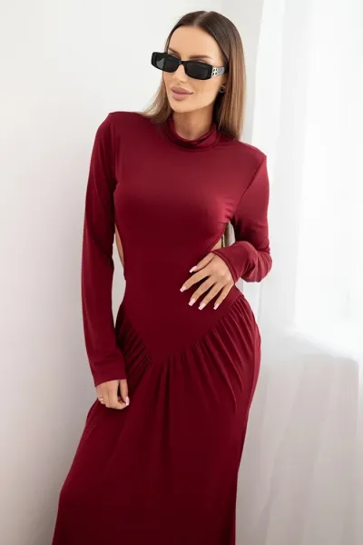 Legínovo Dlhé dámske šaty z viskózy s rolákom a odhaleným chrbtom hnedé Farba: Hnedá, Veľkosť: UNI