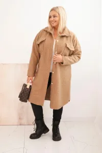 Legínovo Dámsky kabát Plus Size s vlnou zapínaný na gombíky s vreckami a golierom béžový Farba: Sivá, Veľkosť: UNI