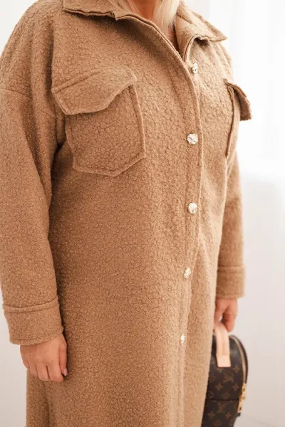 Legínovo Dámsky kabát Plus Size s vlnou zapínaný na gombíky s vreckami a golierom béžový Farba: Sivá, Veľkosť: UNI