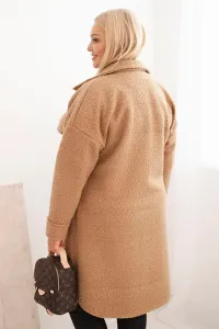 Legínovo Dámsky kabát Plus Size s vlnou zapínaný na gombíky s vreckami a golierom béžový Farba: Sivá, Veľkosť: UNI