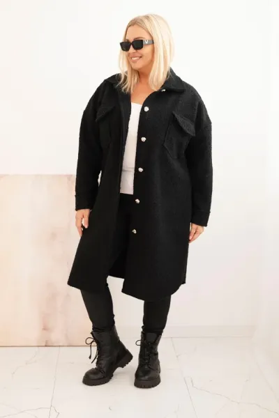 Legínovo Dámsky kabát Plus Size s vlnou zapínaný na gombíky s vreckami a golierom béžový Farba: Sivá, Veľkosť: UNI
