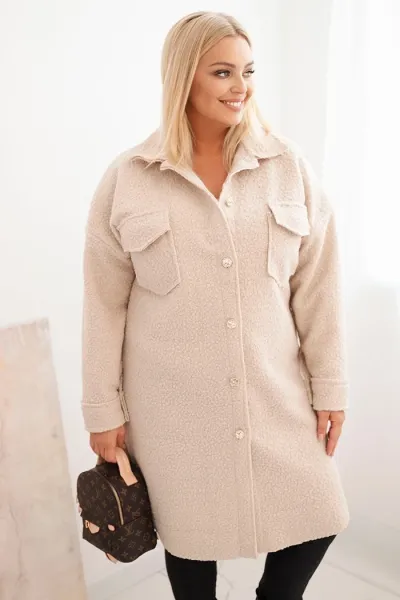 Legínovo Dámsky kabát Plus Size s vlnou zapínaný na gombíky s vreckami a golierom béžový Farba: Sivá, Veľkosť: UNI