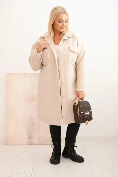Legínovo Dámsky kabát Plus Size s vlnou zapínaný na gombíky s vreckami a golierom béžový Farba: Sivá, Veľkosť: UNI