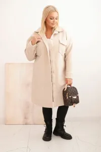 Legínovo Dámsky kabát Plus Size s vlnou zapínaný na gombíky s vreckami a golierom béžový Farba: Sivá, Veľkosť: UNI