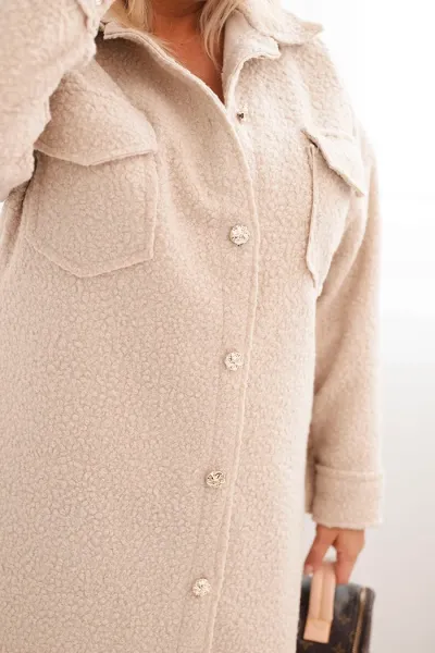 Legínovo Dámsky kabát Plus Size s vlnou zapínaný na gombíky s vreckami a golierom béžový Farba: Sivá, Veľkosť: UNI