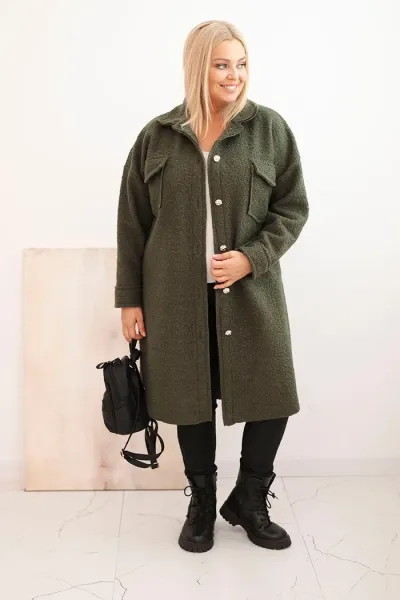 Legínovo Dámsky kabát Plus Size s vlnou zapínaný na gombíky s vreckami a golierom béžový Farba: Sivá, Veľkosť: UNI