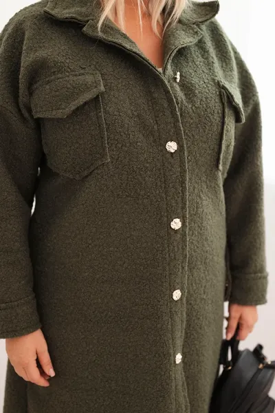 Legínovo Dámsky kabát Plus Size s vlnou zapínaný na gombíky s vreckami a golierom béžový Farba: Sivá, Veľkosť: UNI