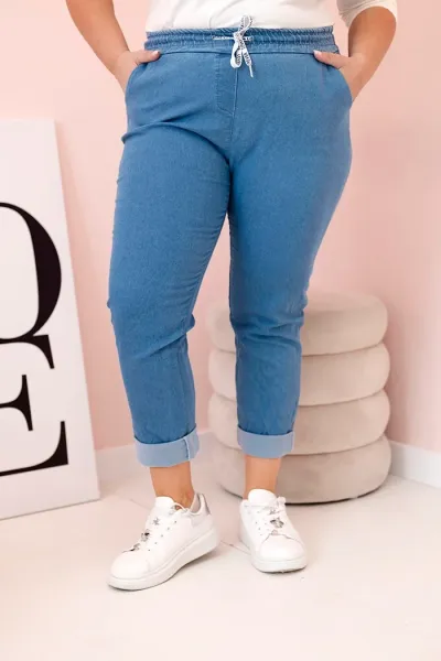 Legínovo Dámske bavlnené nohavice Plus Size s elastickým pásom a viazaním svetlo džínsové Farba: Svetlo modrá