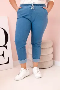 Legínovo Dámske bavlnené nohavice Plus Size s elastickým pásom a viazaním svetlo džínsové Farba: Svetlo modrá