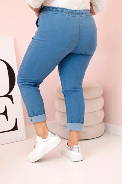 Legínovo Dámske bavlnené nohavice Plus Size s elastickým pásom a viazaním svetlo džínsové Farba: Svetlo modrá