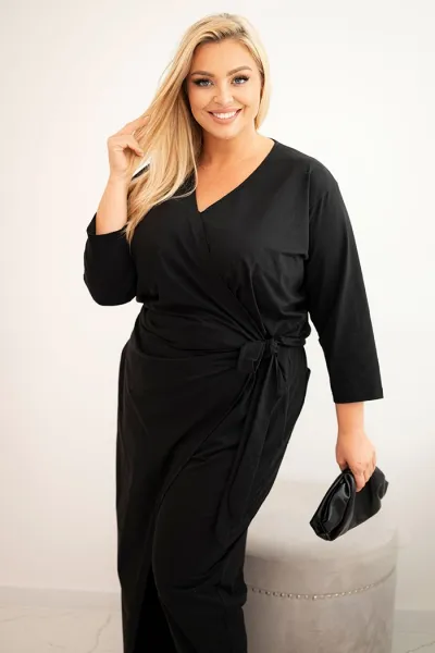 Legínovo Dámsky bavlnený overal Plus Size s viazaním v páse a 3/4 rukávom čierny Farba: Čierna, Veľkosť: 4XL