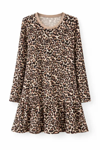 Fashionkids Dievčenské leopardie šaty s volánom, áčkový strih Farba: Bežová, Veľkosť: 152