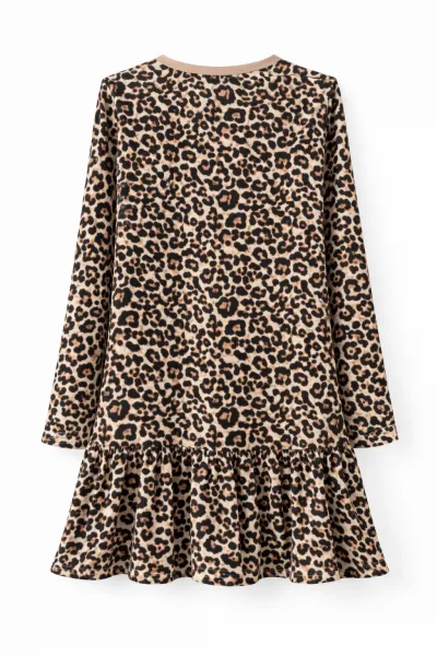 Fashionkids Dievčenské leopardie šaty s volánom, áčkový strih Farba: Bežová, Veľkosť: 152