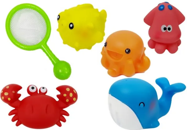 Lean Toys Kúpeľový set Vodné zvieratká so sieťkou – delfín, krab a ďalšie Material: Guma