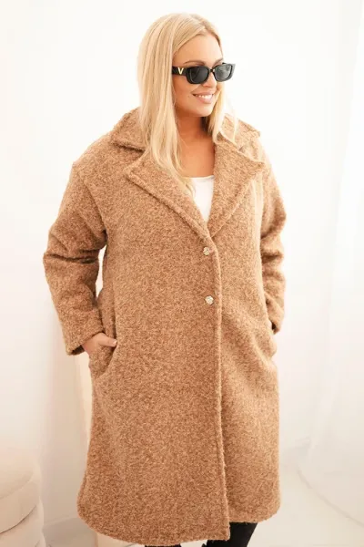 Legínovo Dámsky kabát Plus Size s vlnou a veľkým golierom béžový Farba: Khaki, Veľkosť: UNI