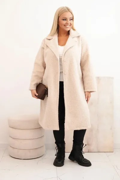 Legínovo Dámsky kabát Plus Size s vlnou a veľkým golierom béžový Farba: Hnedá, Veľkosť: UNI