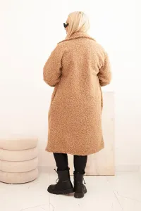 Legínovo Dámsky kabát Plus Size s vlnou a veľkým golierom béžový Farba: Hnedá, Veľkosť: UNI