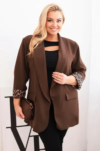 Legínovo Dámske sako Plus Size s leopardovou podšívkou hnedé Farba: Čokoláda, Veľkosť: UNI