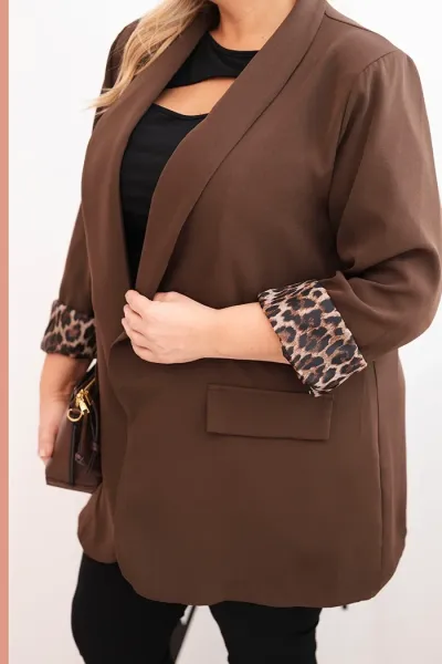 Legínovo Dámske sako Plus Size s leopardovou podšívkou hnedé Farba: Čokoláda, Veľkosť: UNI