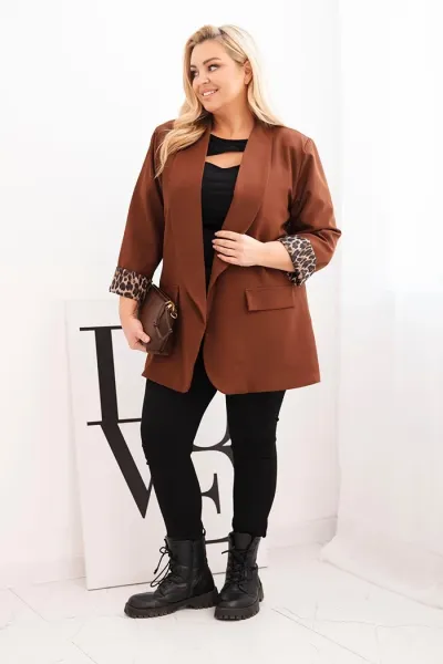 Legínovo Dámske sako Plus Size s leopardovou podšívkou hnedé Farba: Čokoláda, Veľkosť: UNI