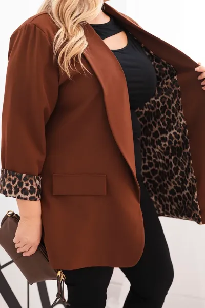 Legínovo Dámske sako Plus Size s leopardovou podšívkou hnedé Farba: Čokoláda, Veľkosť: UNI