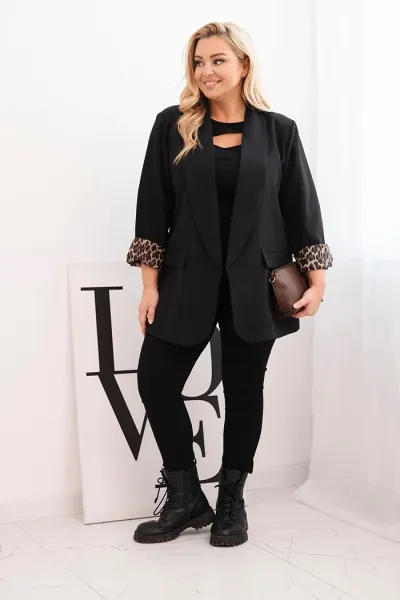 Legínovo Dámske sako Plus Size s leopardovou podšívkou hnedé Farba: Čokoláda, Veľkosť: UNI
