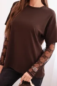 Legínovo Dámska bavlnená blúzka s čipkovanými rukávmi biela Farba: Hnedá, Veľkosť: UNI