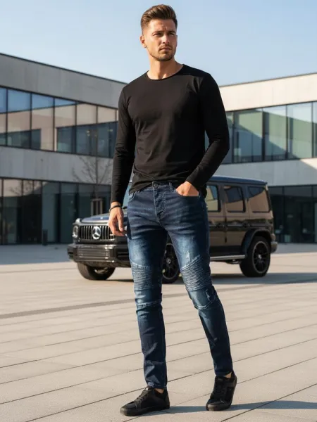 Trendové rifle s prešívaním pre mužov nebesky modré