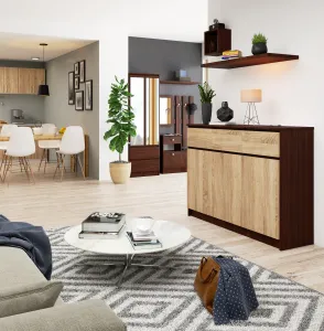 Ak furniture Komoda Karolína 140 cm 3 skrinky a 3 zásuvky wenge/sonoma